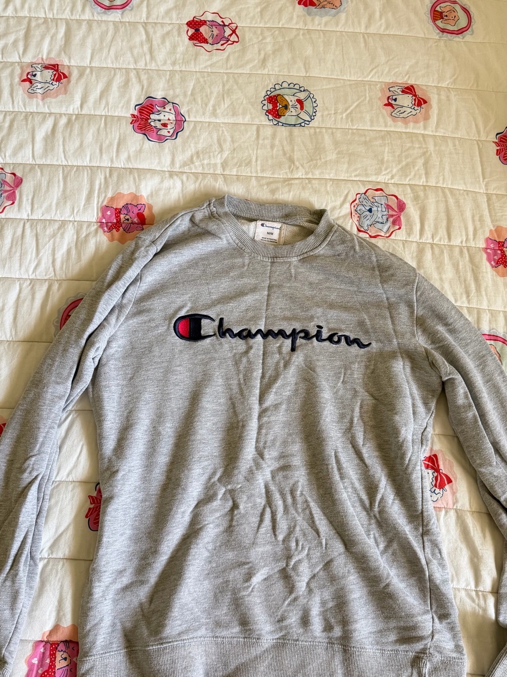 Champion Light Gray Crewneck Sweatshirt with Navy Logo and Red Accent